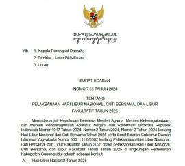 SURAT EDARAN BUPATI GUNUNGKIDUL TENTANG LIBUR NASIONAL, CUTI BERSAMA DAN LIBUR FAKULTATIF TAHUN 2025